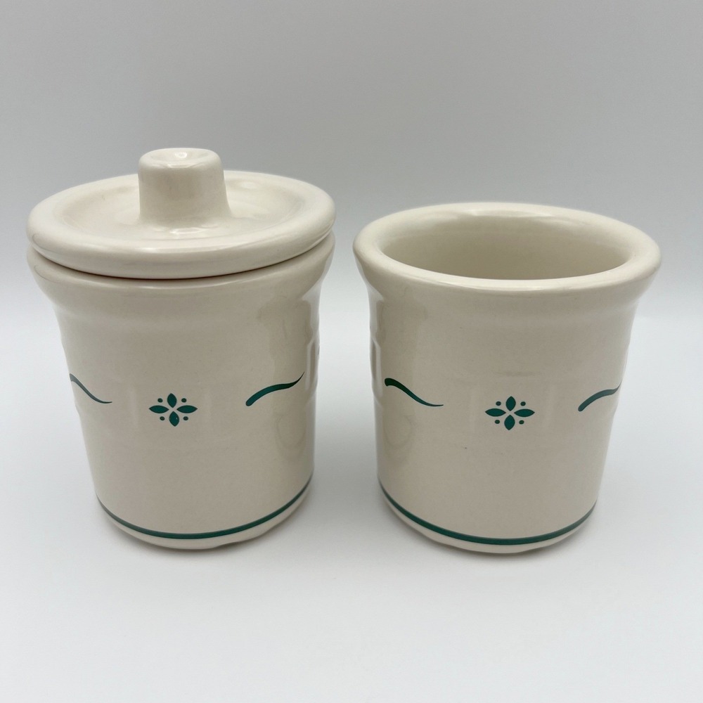 Longaberger Woven Traditions Heritage Green Condiment Crocks Set of 2 with 1 Lid